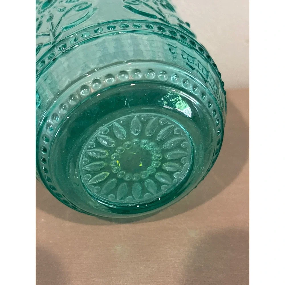 Vintage insp Embossed Floral Tumbler Drinking Glasses green blue floral 12 oz